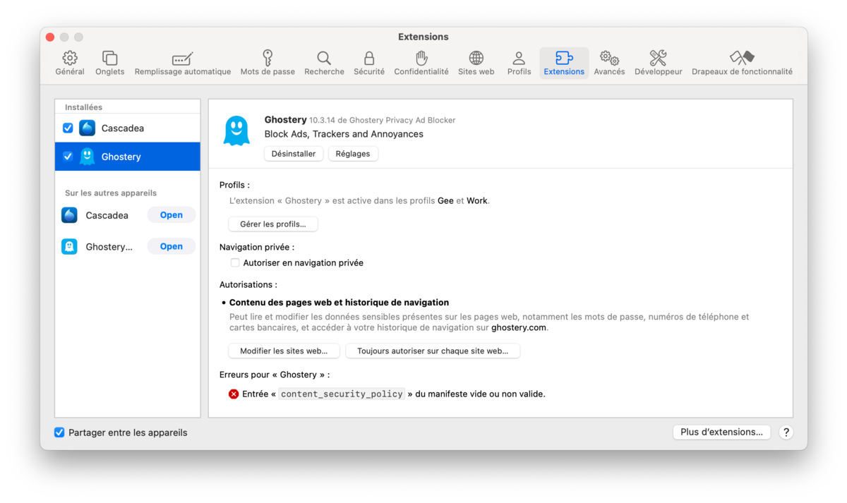 Safari - la gestion des extensions