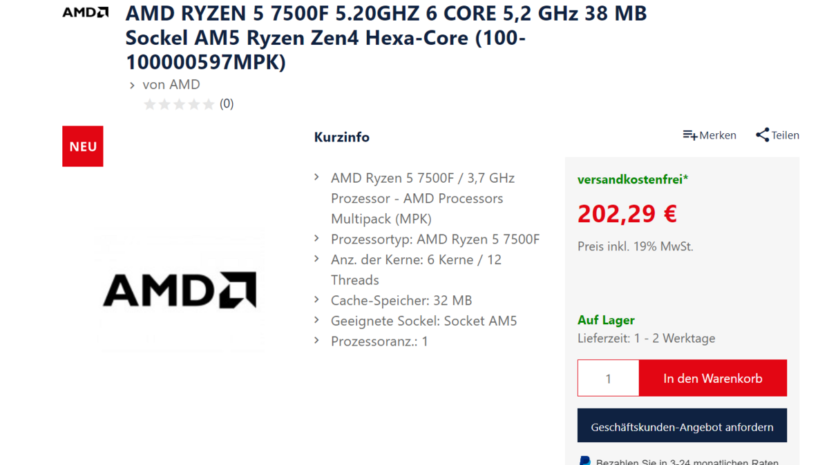 Prix allemands AMD Ryzen 5 7500F