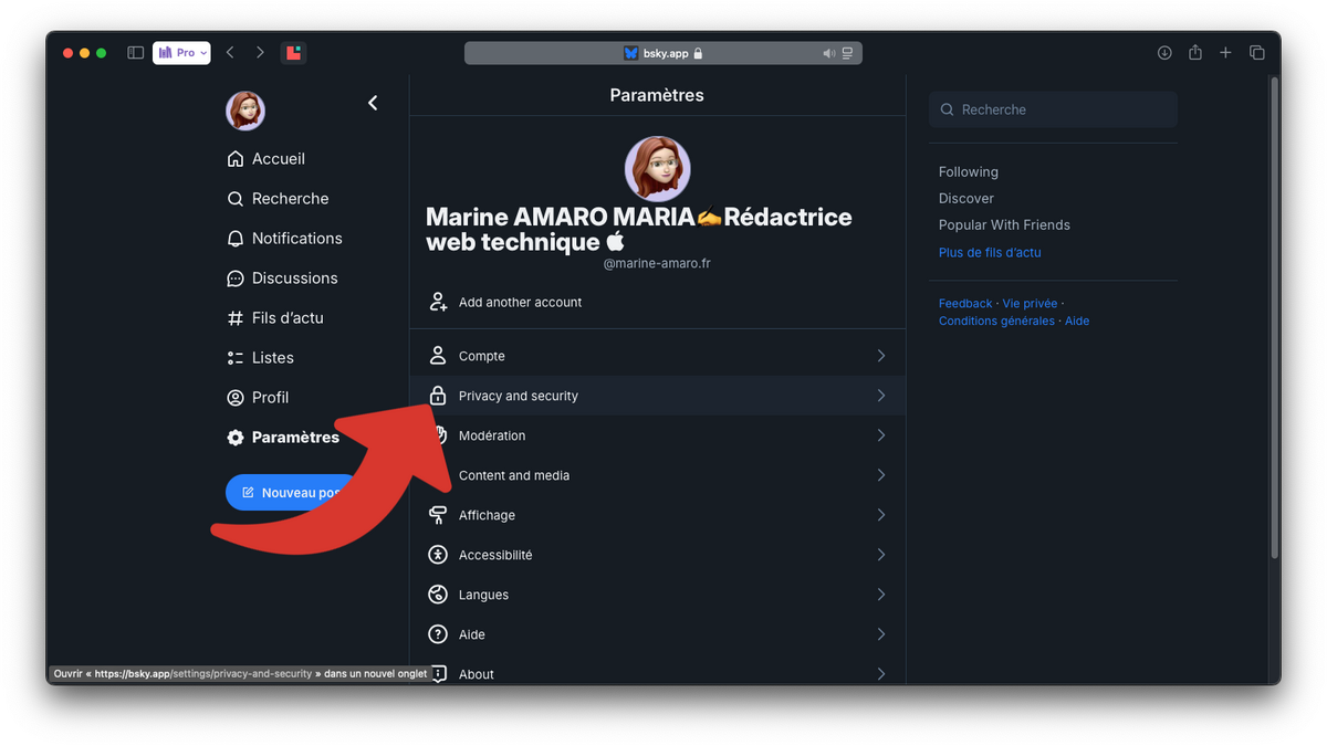 Ouvrir les paramètres liés à sécurité sur Bluesky © Clubic