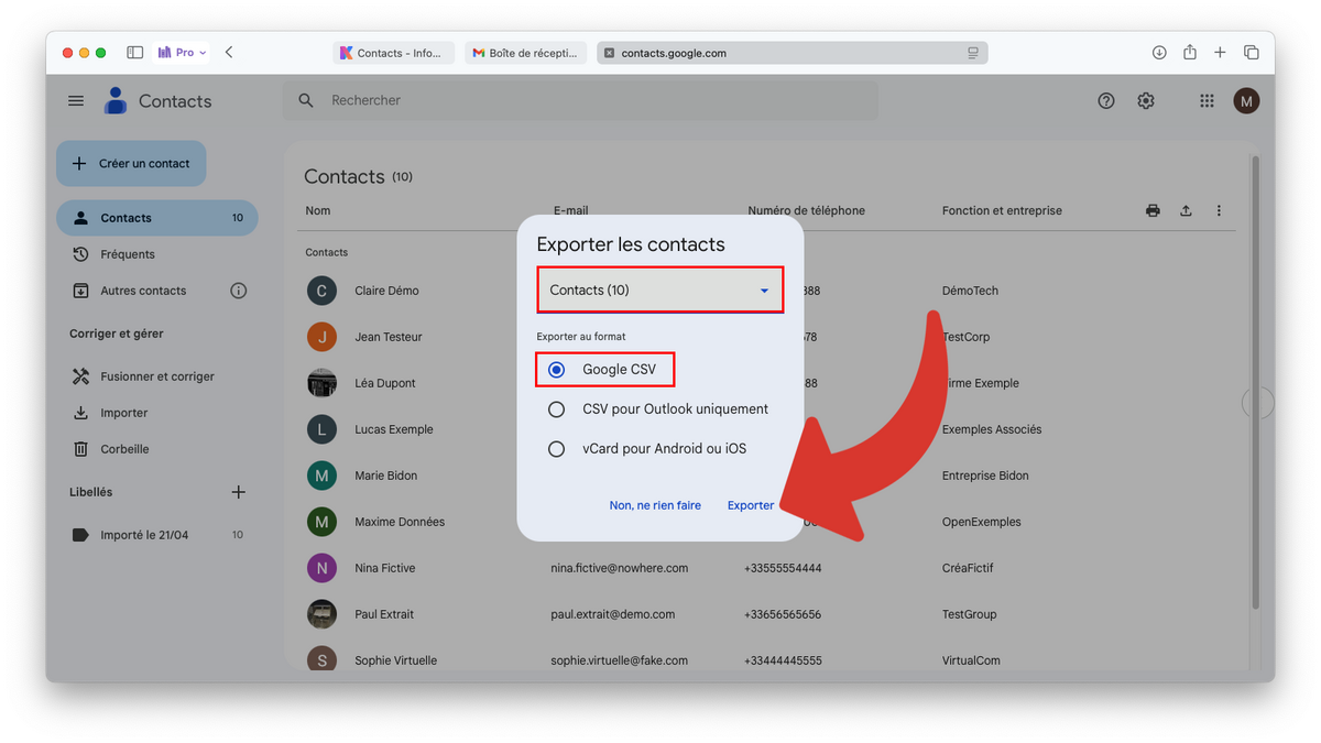 Configurer l'export des contacts Gmail © Clubic