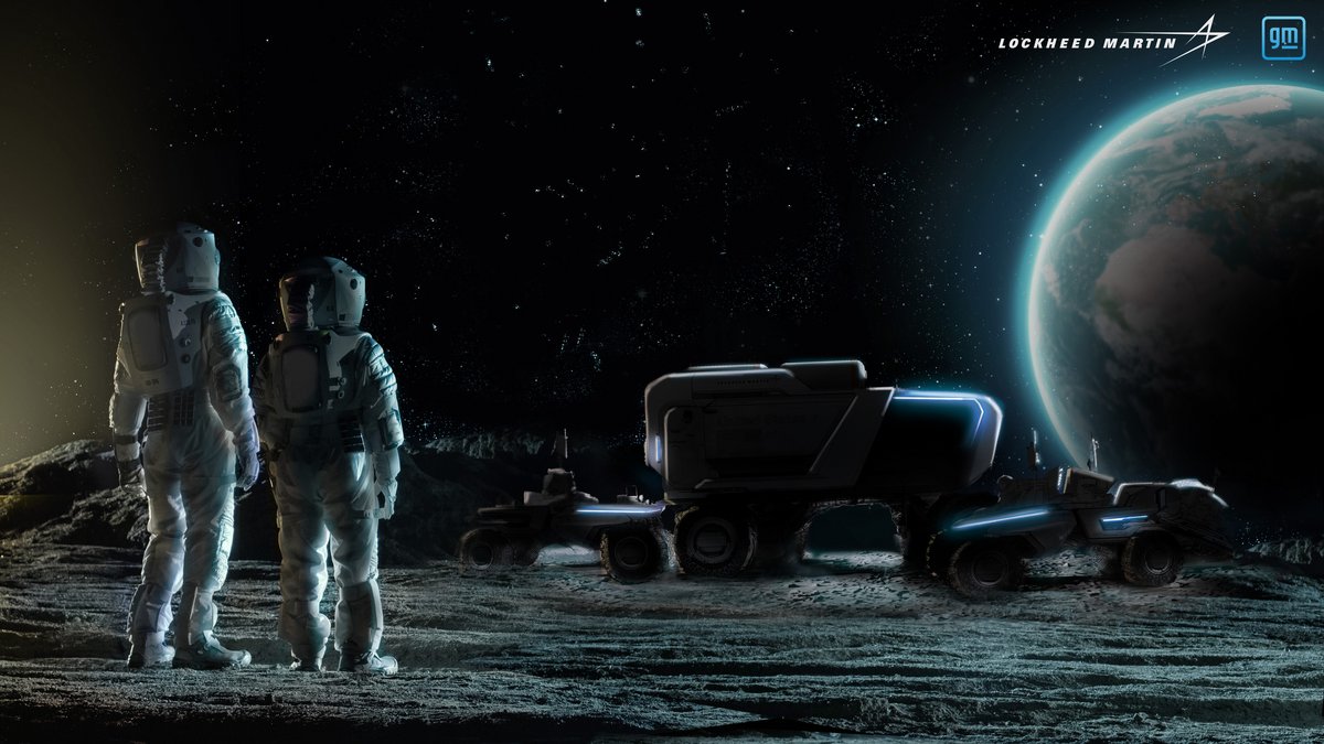 Vue d'artiste de deux voitures lunaires encadrant un futur camion pressurisé. Le développement de ce dernier n'a cependant pas encore été validé par la NASA. Crédits : Lockheed martin / GM