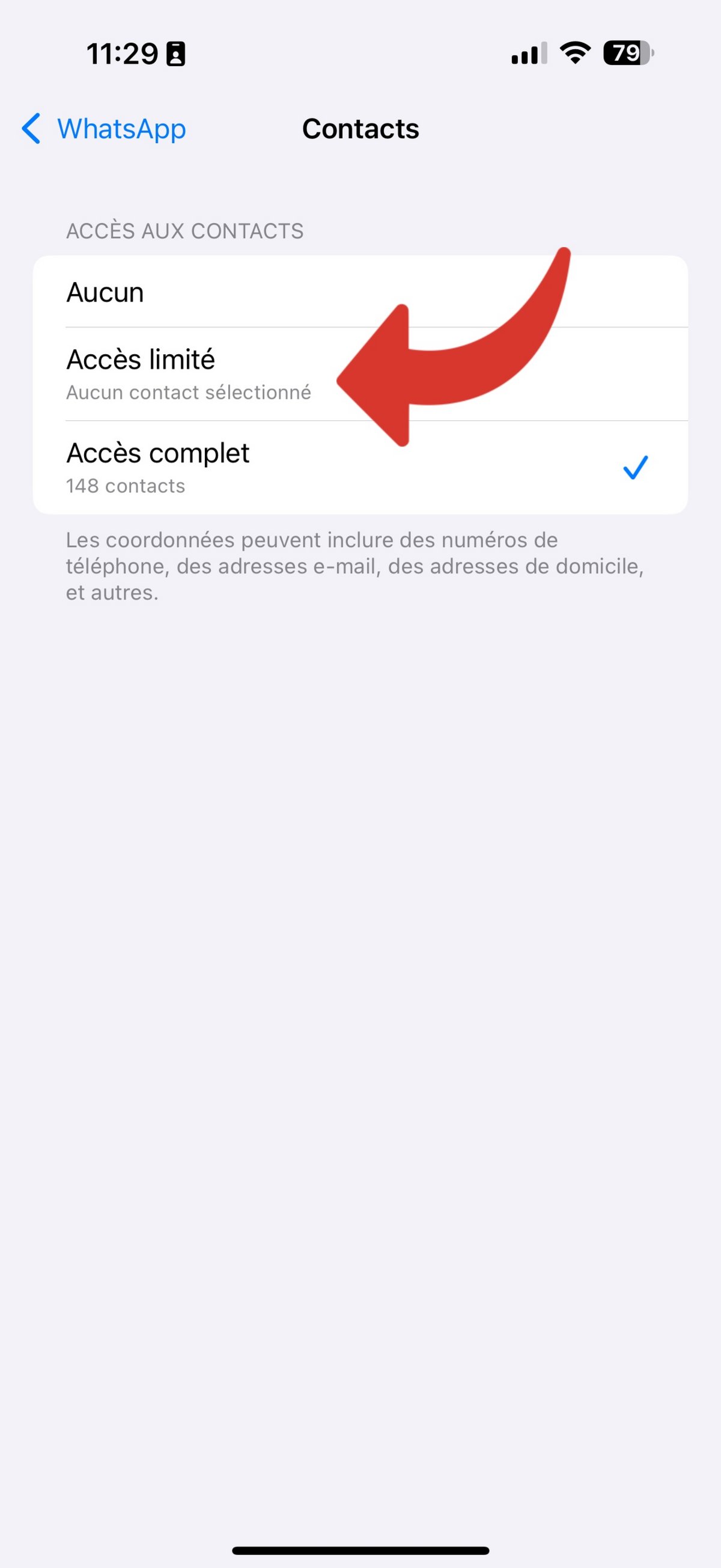 Apple Confidentialité Contacts limité