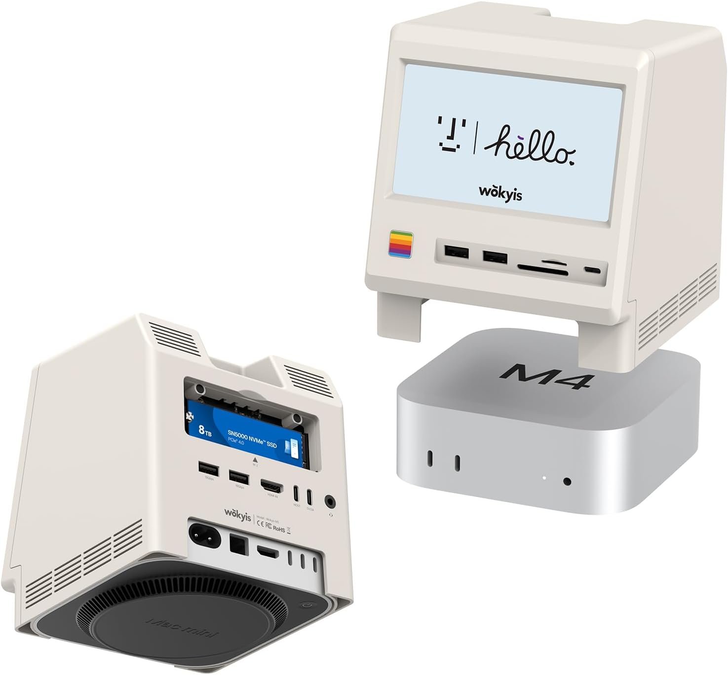 Le Mac Mini M4 se glisse sous/à l'intérieur du dock M5. ©Wokyis