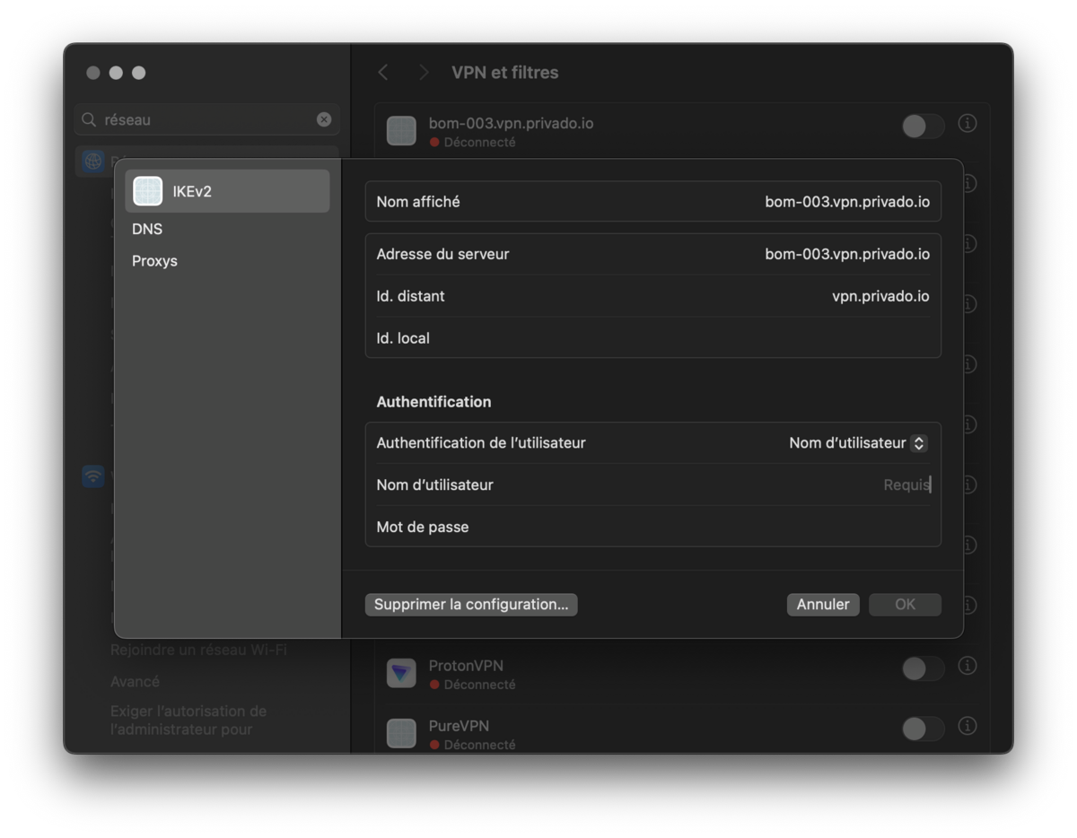 Exemple de suppression d'une configuration VPN dans macOS - © Clubic