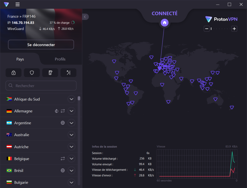 Proton VPN - L'interface de connexion