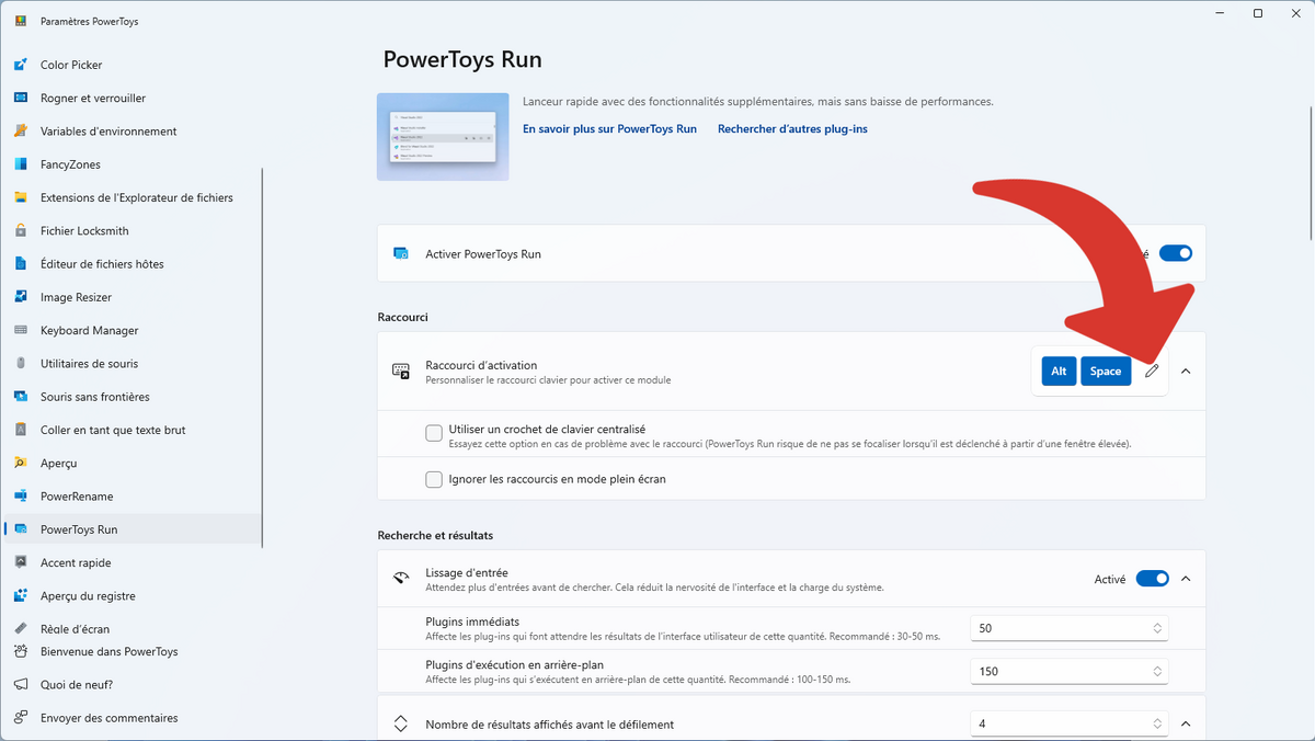 Modifier le raccourci d'activation de PowerToys Run © Clubic