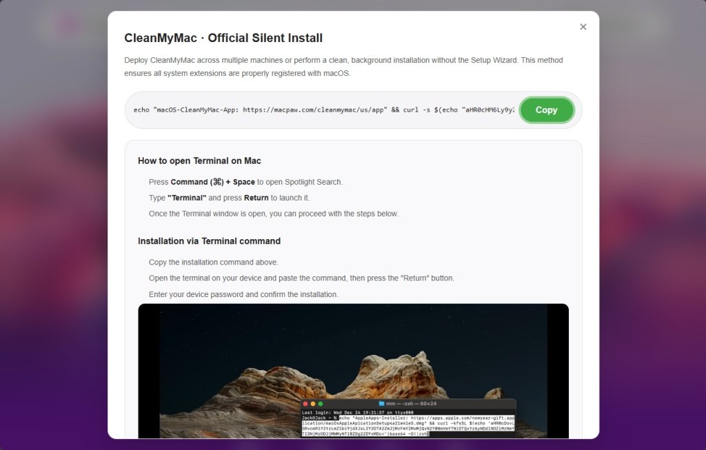 Les cybercriminels usurpent la page officielle de CleanMyMac et font croire aux victimes qu'il existe une méthode d'installation alternative pour mieux distribuer leur infostealer. © Malwarebytes