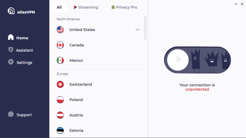 Atlas VPN - L'interface de connexion