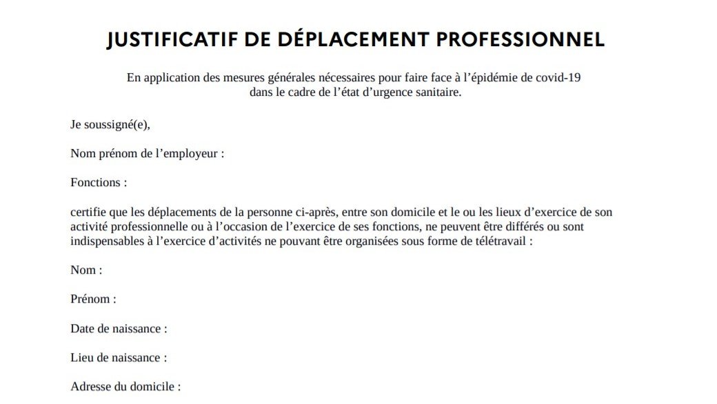 Aperçu du justificatif de déplacement professionnel