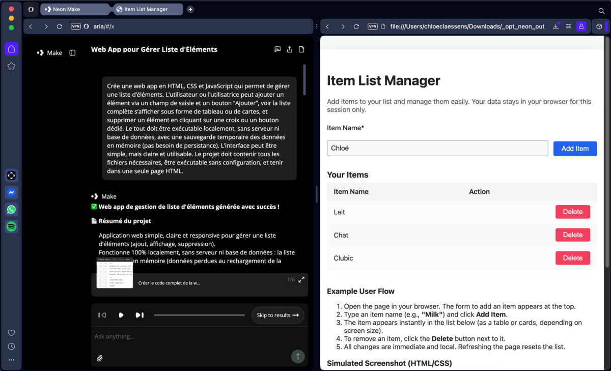 À gauche, le prompt complet envoyé à Neon Make pour créer une application de gestion de liste. À droite, le résultat généré automatiquement : une interface fonctionnelle, claire et responsive, qui permet d’ajouter et de supprimer des éléments localement. © Clubic