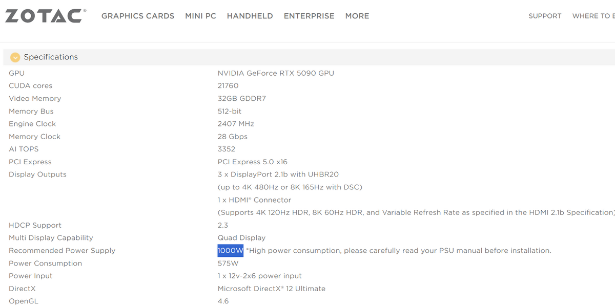 Zotac stipule la nécessité d'un bloc d'alimentation d'au moins 1 000 watts. ©VideoCardz