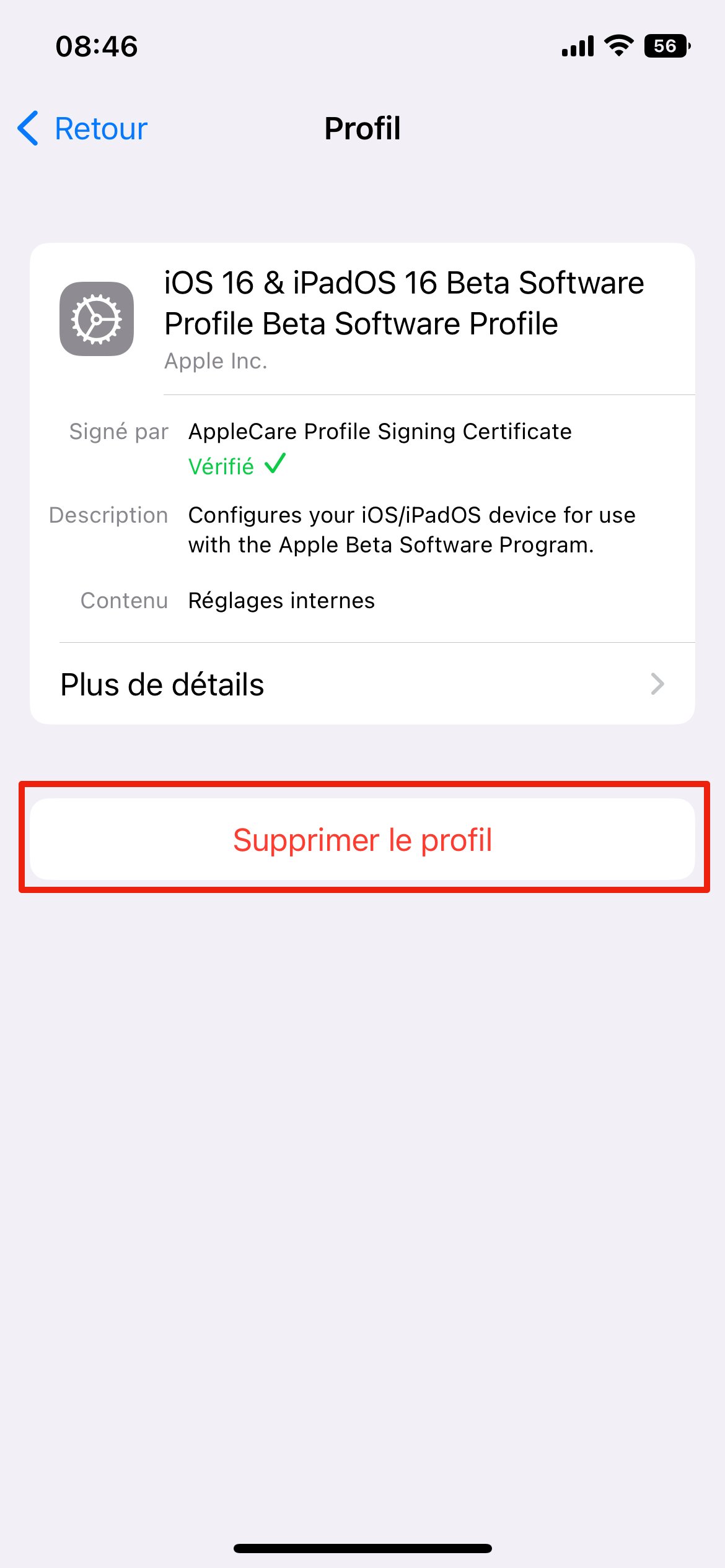 Supprimer Profil Beta iOS 16