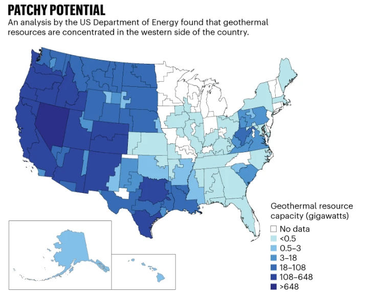  Carte montrant la capacité géothermique des États-Unis, avec une concentration majeure des ressources dans l'ouest du pays. © Enhanced Geothermal Shot Analysis for the Geothermal Technologies Office