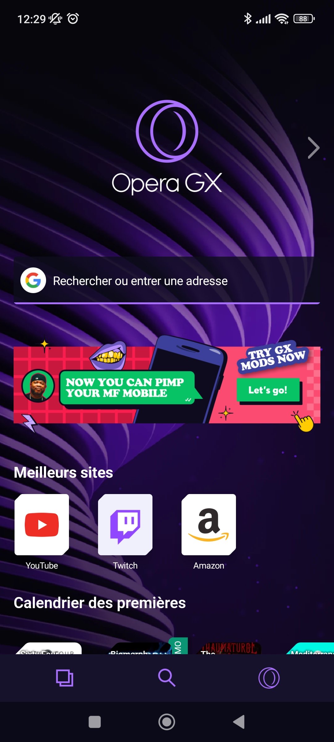 Opera GX mobile accueil