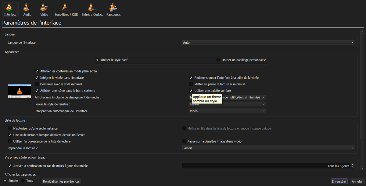 Non, vous ne rêvez pas : le mode sombre de VLC est nativement disponible sous Windows et Linux. © Capture d'écran Clubic
