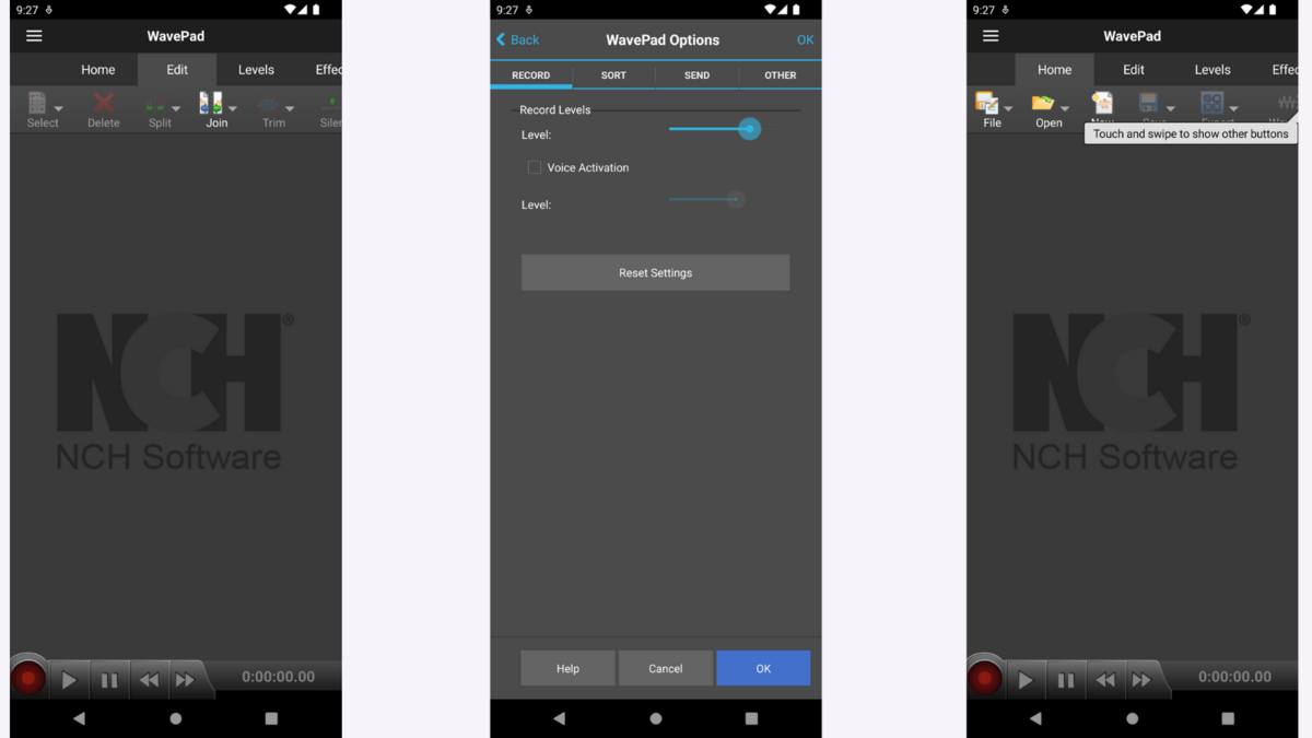 WavePad pour Android fait le choix d'une navigation par onglet.