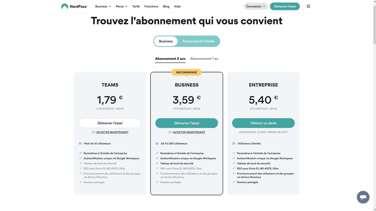 NordPass - Tarifs des offres Business