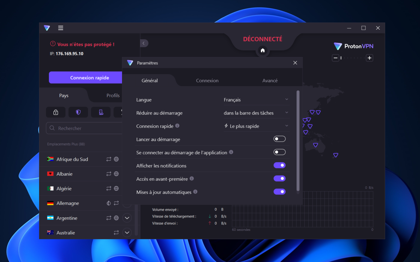 L'interface de Proton VPN est intuitive.