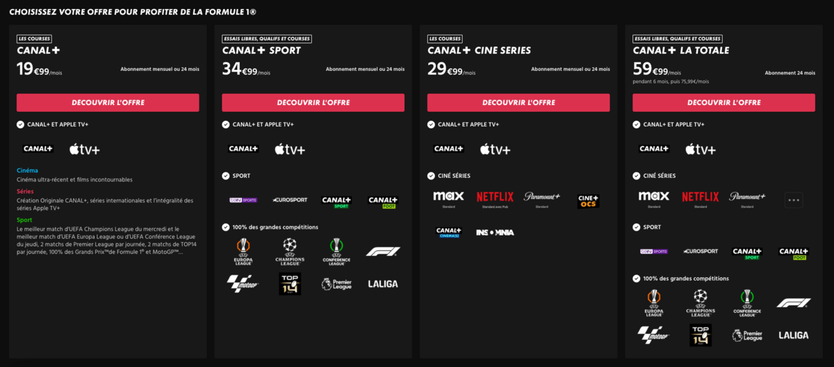 Toutes les offre Cnal+ diffusent le GP de F1 en direct, mais seuls les abonnements Sport et La Totale permettent d'accéder aux essais et aux qualifs © Canal+