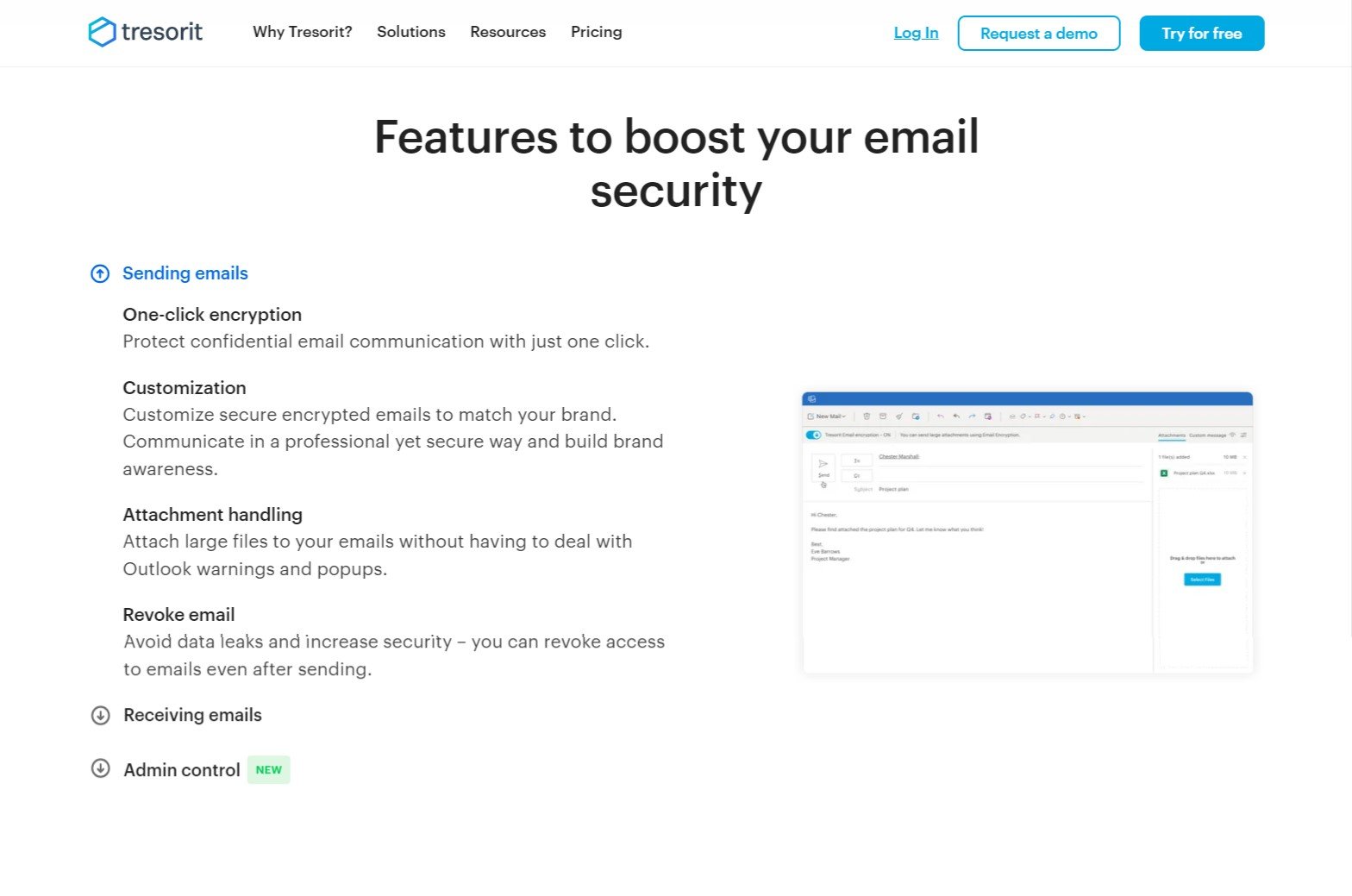 Fonctionnalités de Tresorit Email Encryption : cryptage de mails et de pièces jointes