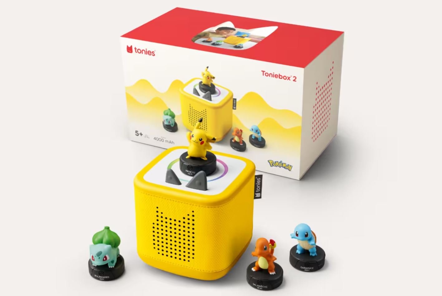 Le "Méga Coffret Pokémon Jaune Eclair" inclut la Toniebox 2 en version jaune, et les quatres figurines. ©Tonies