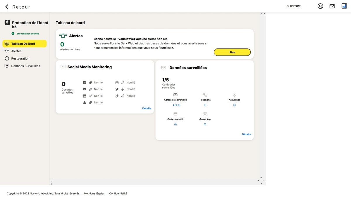 Norton Identity Advisor Plus tableau de bord