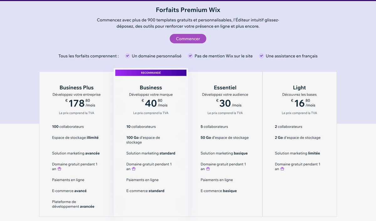 Différents forfaits premium disponibles © WIx