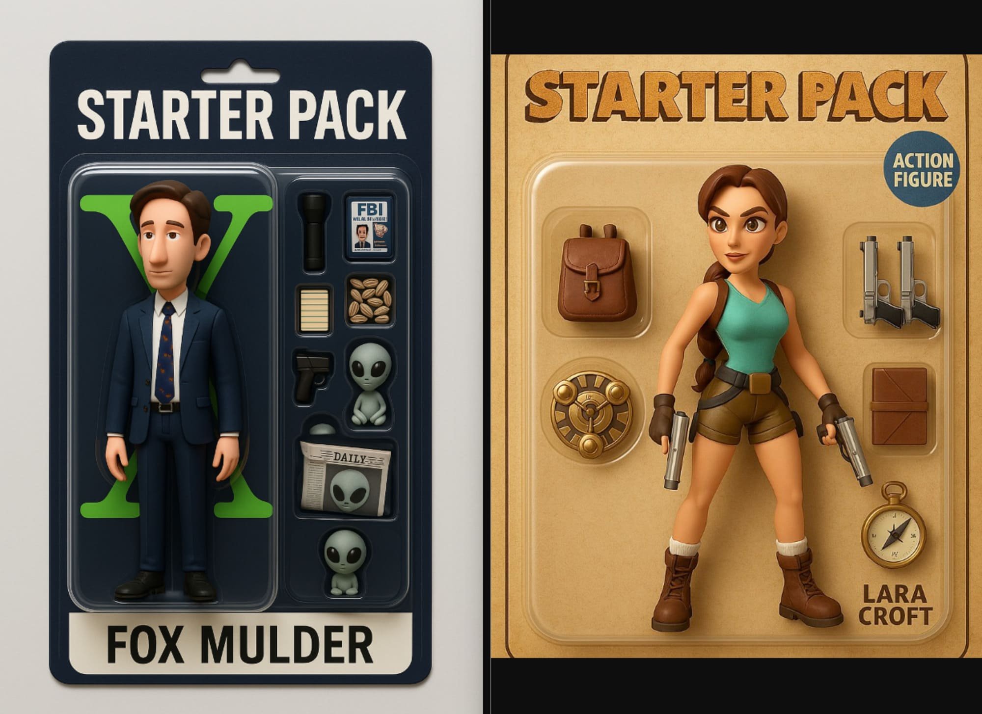Deux images de Starter Pack figurant le personnage de Fox Muler (X-Files) et de Lara Croft © Image générée par des internautes sur ChatGPT