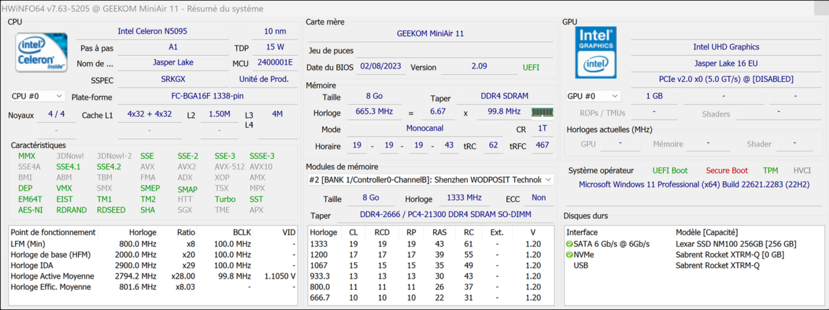 Le Geekom MiniAir 11 au crible de HWInfo... © Nerces pour Clubic