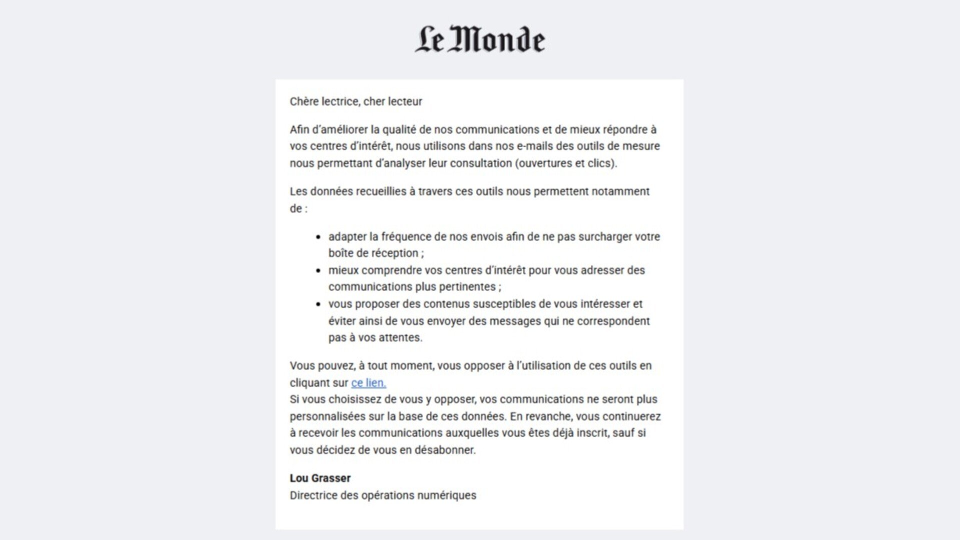 Voici le mail envoyé ces jours-ci par Le Monde au titre des pixels de suivi. © Alexandre Boero / Clubic