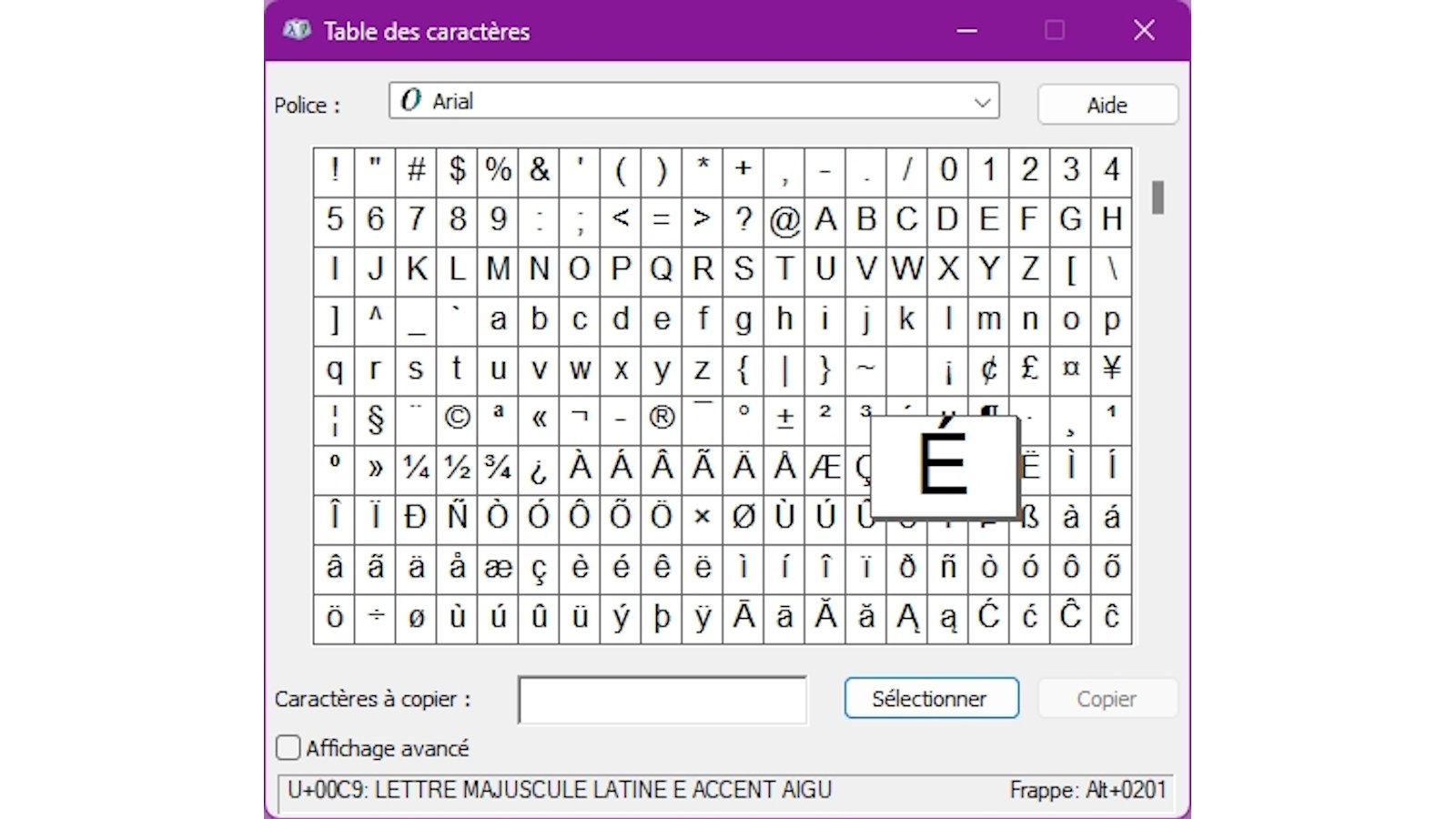 Table des caractères Windows