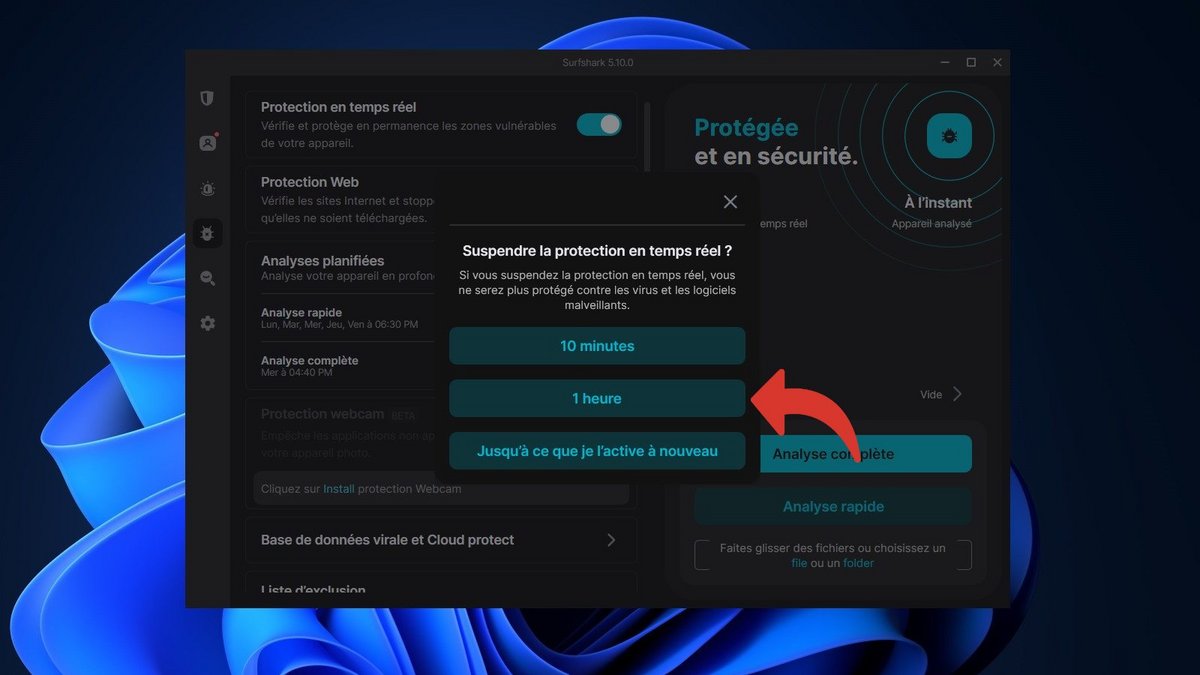 Surfshark Antivirus - Choisissez la durée d'interruption de la protection en temps réel © Clubic