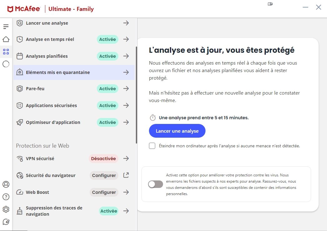 McAfee - Menu de l'antivirus