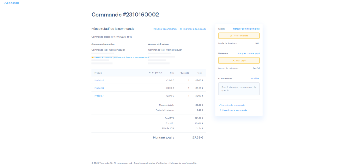  Commande détaillée sur le gestionnaire Webnode © Webnode