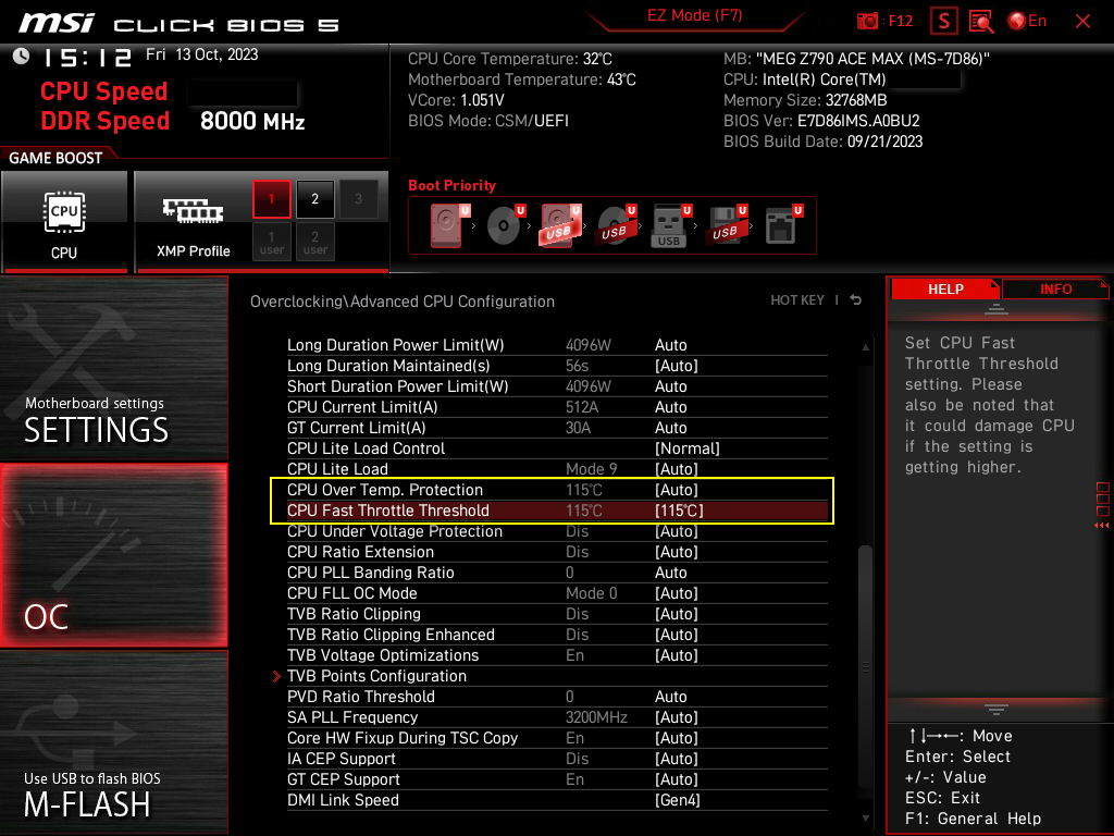 Le CPU fast throttle threshold sur le BIOS MSI © Wccftech