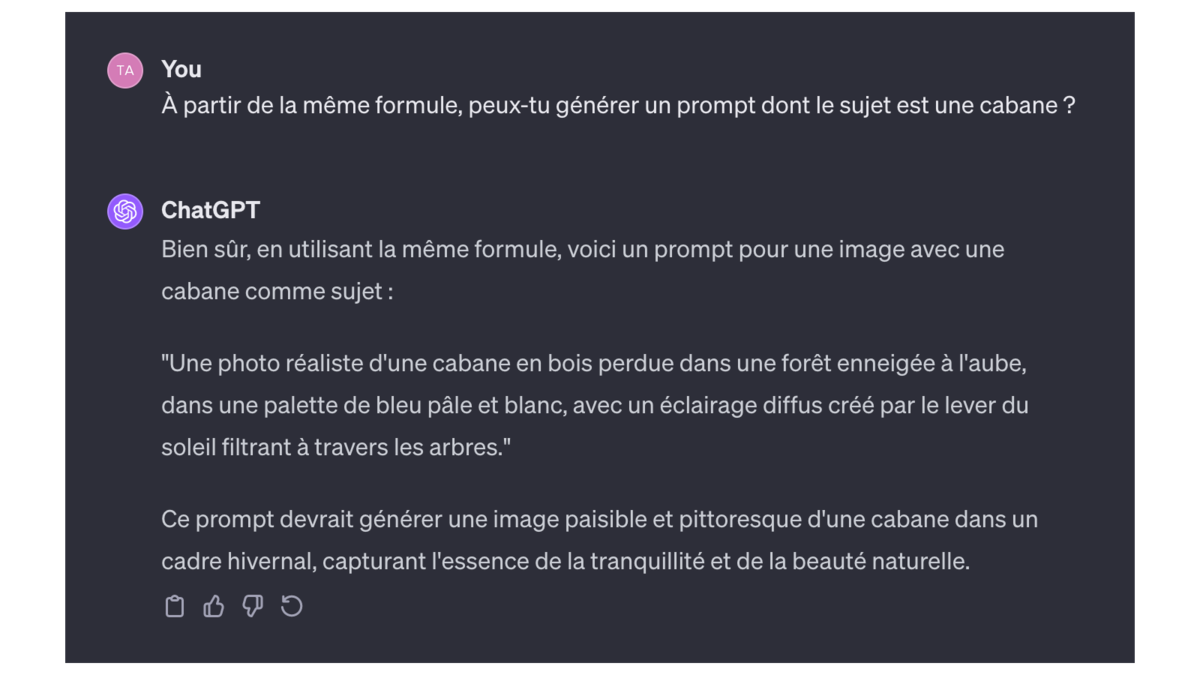 Prompt généré à partir d’une formule dans ChatGPT © Pascale Duc pour Clubic