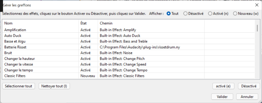 Audacity Plugin VST gérer les greffons