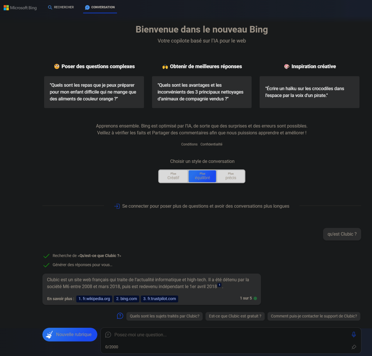 Bing Chat dans Vivaldi © Capture d'écran Clubic