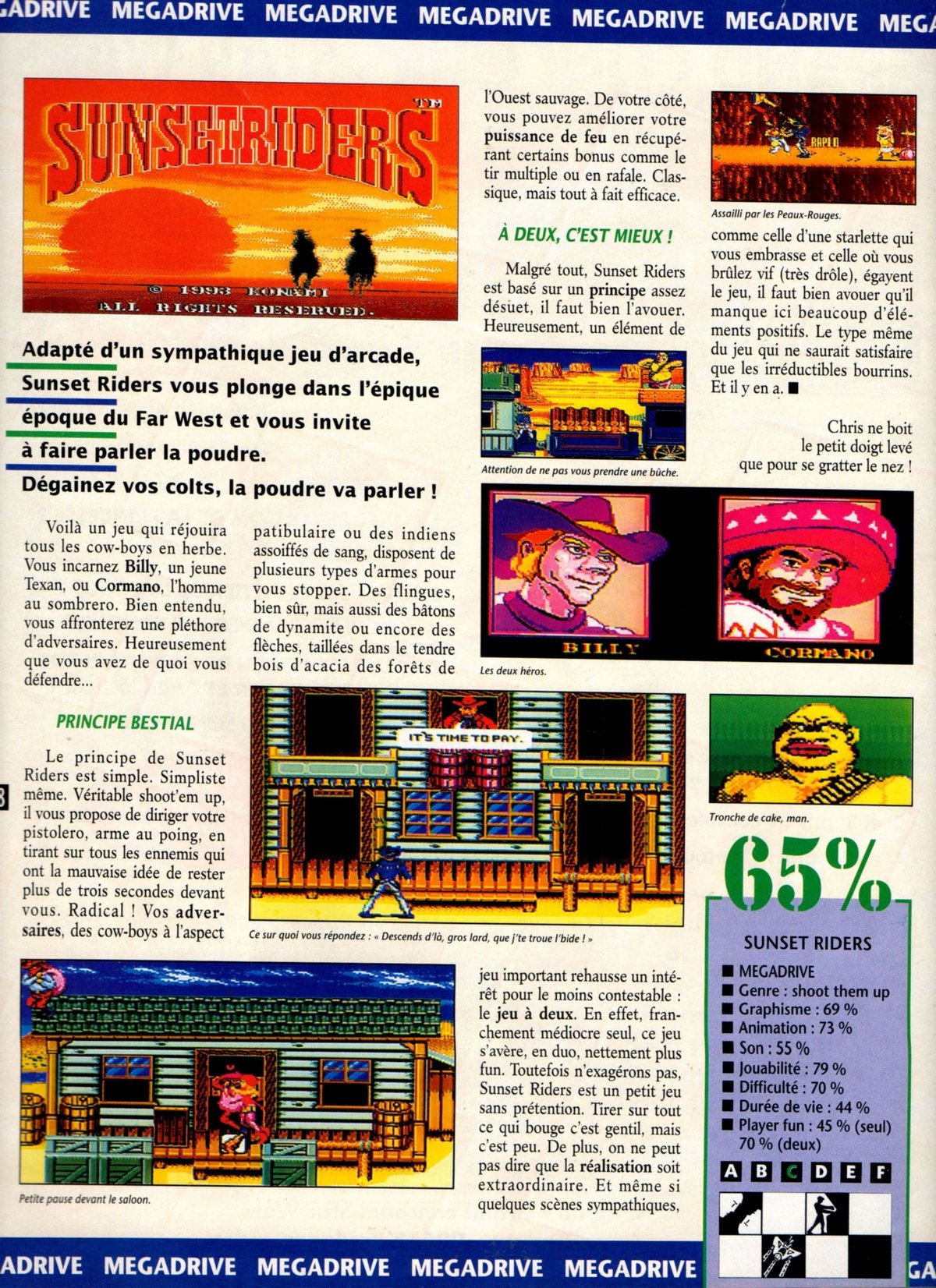 Le test, pas très élogieux, de Sunset Riders version Mega Drive dans le magazine Player One (Avril/Mai 1993), alors qualifié de "petit jeu sans prétention, adapté d'un sympathique jeu d'arcade". - Via Abandonware-France