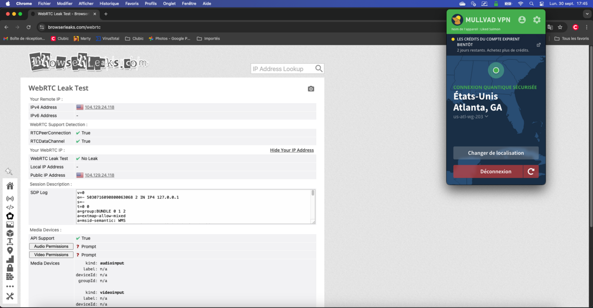 Mullvad VPN - les tests de fuites WebRTC © Clubic