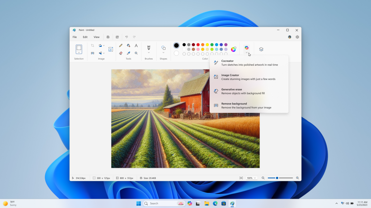 Un bouton unique qui liste toutes les options IA de Paint © Microsoft