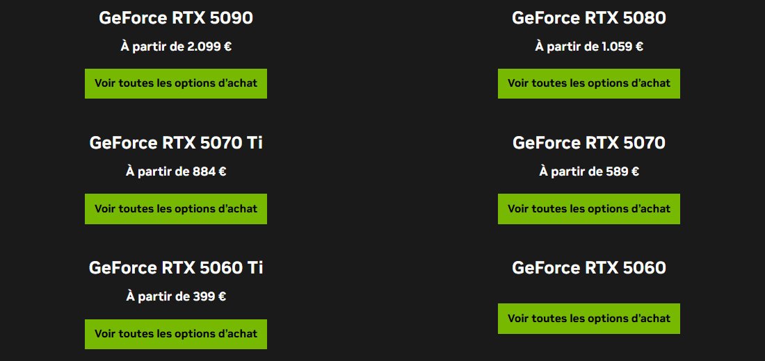 Prix publics conseillés par NVIDIA pour les RTX série 50 mis à jour le 19 août 2025. ©Nerces pour Clubic