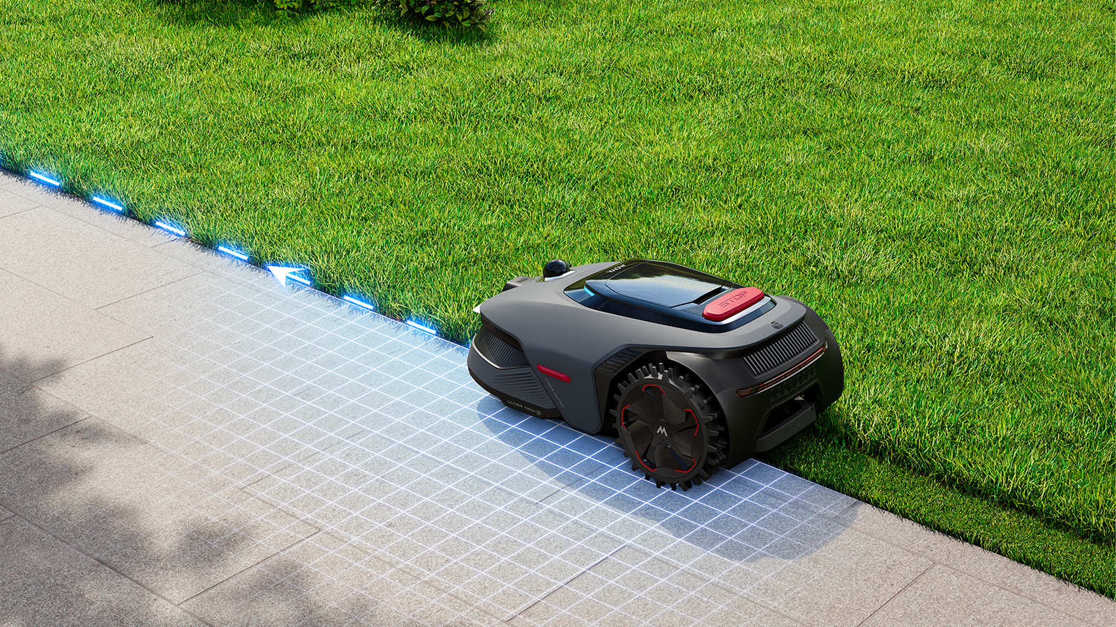 Grâce à la technologie UltraTrim 1.0, le robot tond au ras des bordures, franchit des pentes à 45% et des obstacles de 4 cm, même dans les passages étroits. ©MOVA