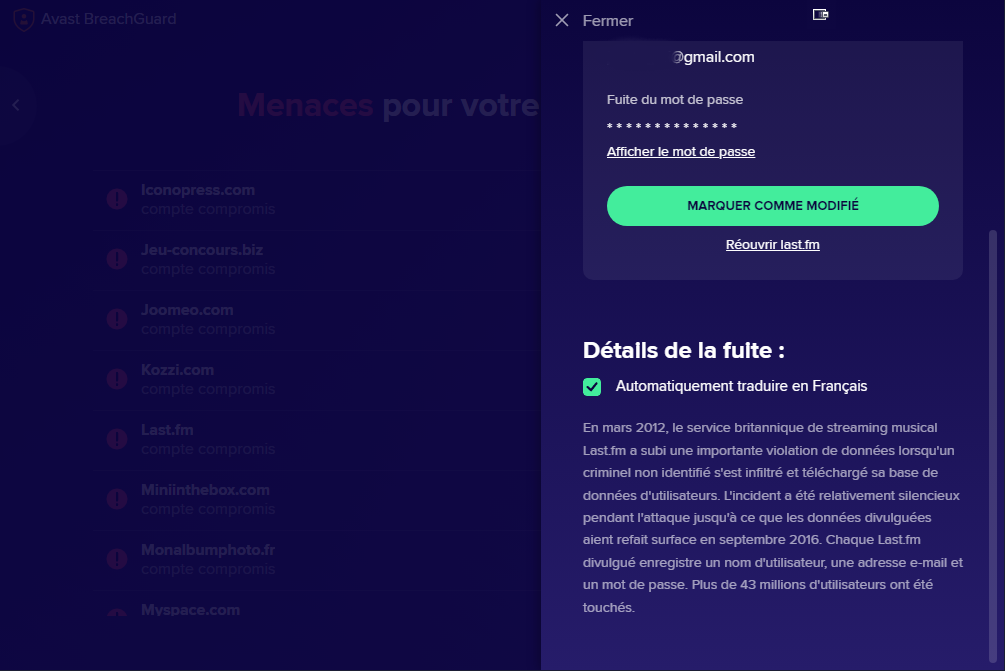 Avast BreachGuard - Les détails sur les fuites de données