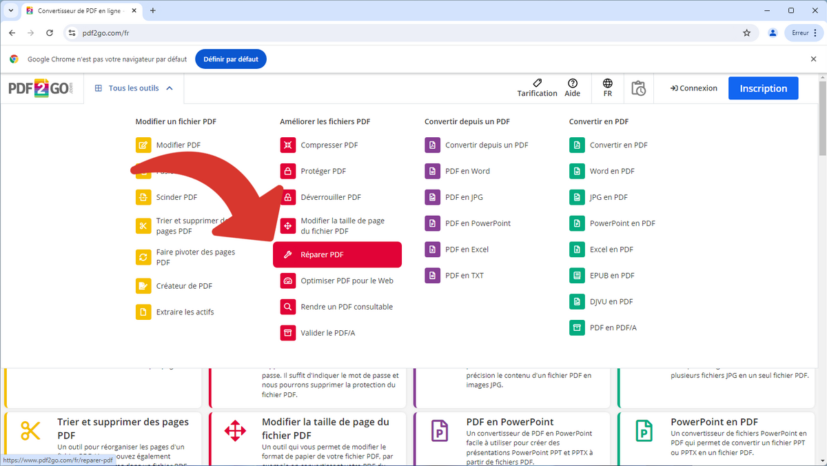 Accéder à l'outil de réparation de PDF de PDF2Go © Clubic