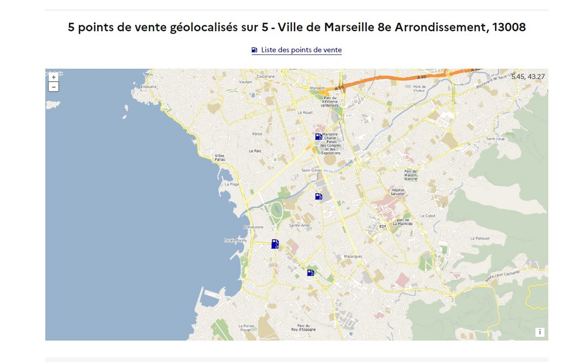 À gauche, vous retrouvez les résultats de votre requête et les détails des stations essence de votre choix ; à droite, la carte des points de vente géolocalisés après votre recherche © Capture d'écran Clubic