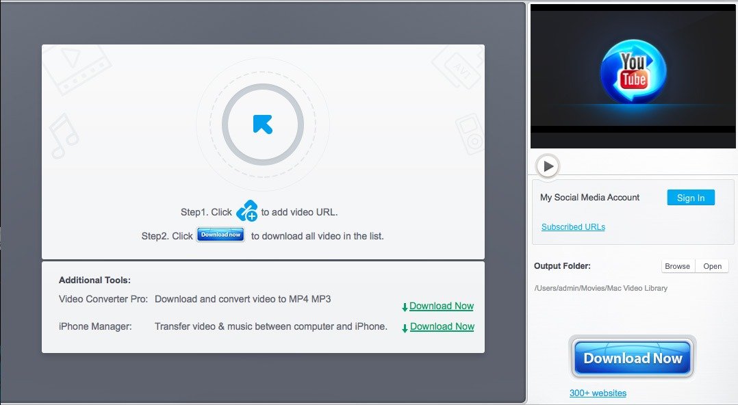 Écran d’accueil du logiciel montrant les étapes pour ajouter une URL et télécharger des vidéos, avec accès aux outils supplémentaires comme la conversion MP4/MP3. - © MacX YouTube Downloader