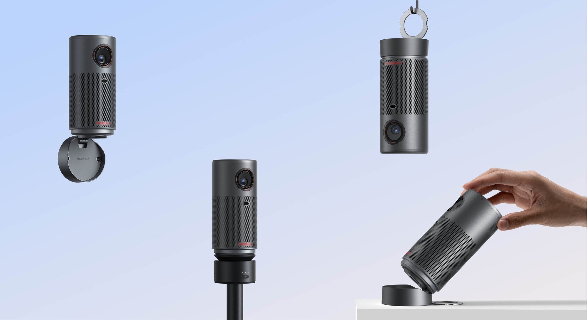 Le Capsule Air dispose d'un socle très polyvalent, la marque propose aussi un trépied et un étui de voyage en option © Nebula