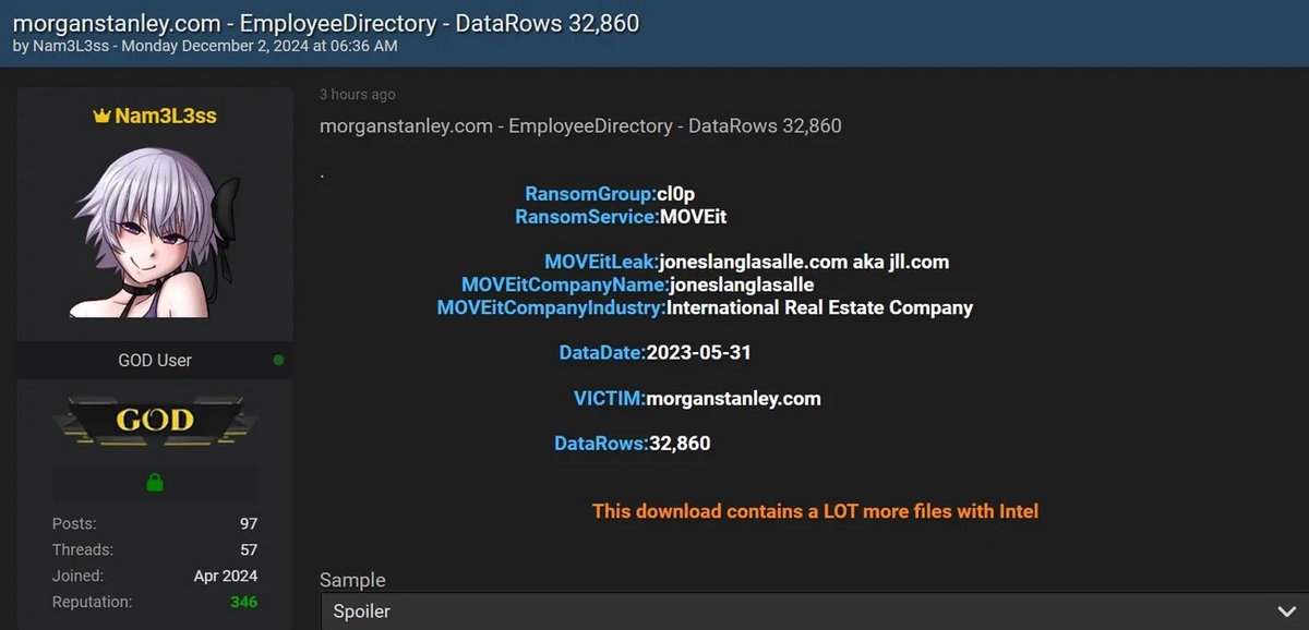 Parmi les données divulguées par Nam3L3ss, plus de 32 000 informations concernent les employés de Morgan Stanley © Dark Web Informer