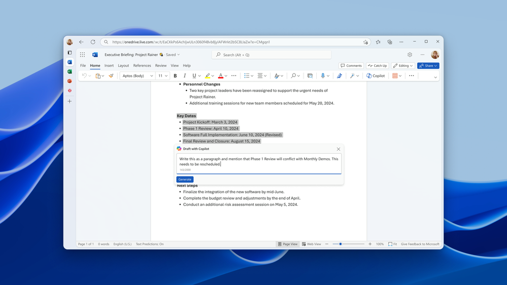 Sélectionnez du texte dans Word et laissez Copilot faire le reste © Microsoft